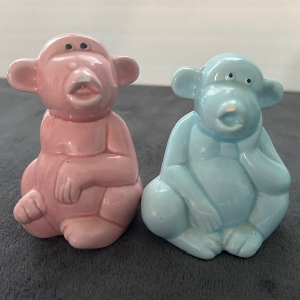 Vintage Blue and Pink Ceramic Monkey Bank Set, 4-1/4"h